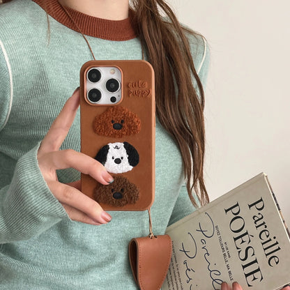 【もこもこパピー】ふわふわ犬デザイン×レザーストラップ付き スマホケース｜iPhone対応 #250328