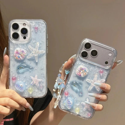 3D 立体クリア貝殻 シェル ヒトデ イルカ デザイン 海モチーフ iPhoneケース #260087