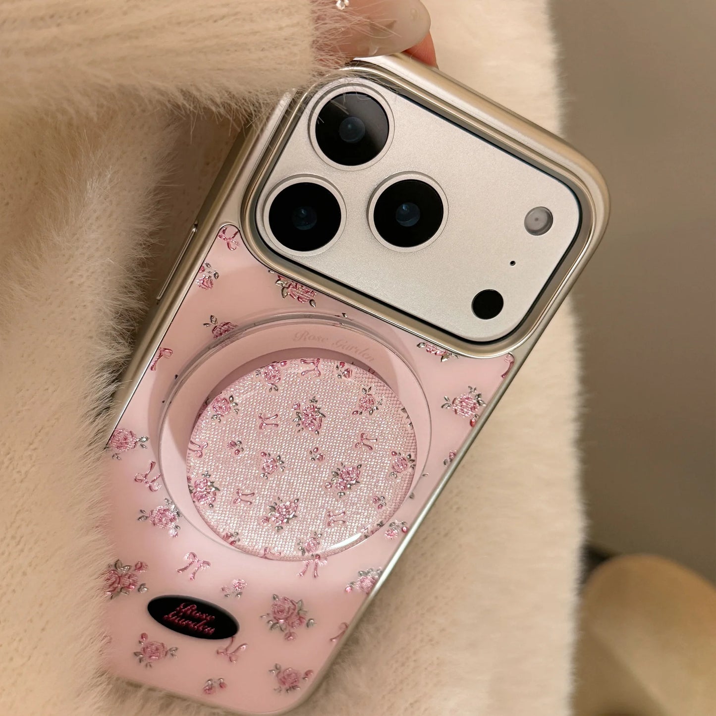 ヴィンテージフラワー Magnet内蔵 iPhoneケース｜小花柄ピンク・マグネットグリップ #240427