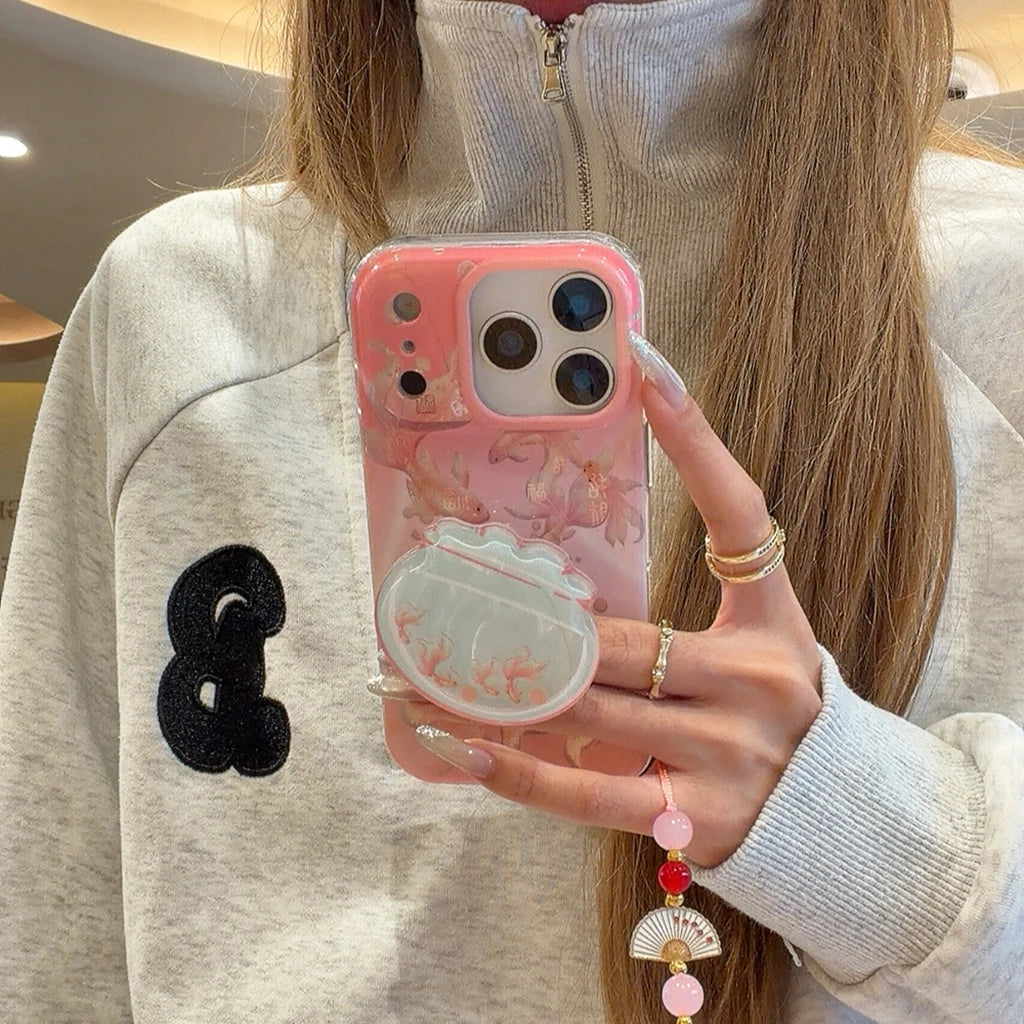 開運 鯉模様 金魚鉢 グリップ付き iPhoneケース｜クリアデザイン #240516