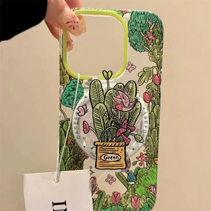 ボタニカル サボテングリップ Magnet内蔵 iPhoneケース｜草花 イラストデザイン・グリーン #260629