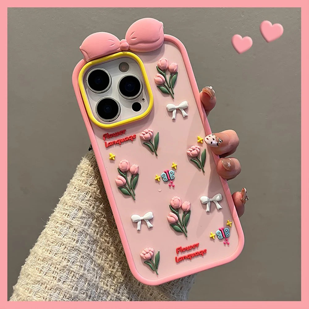 【フラワーリボンシリーズ】立体チューリップ＆蝶々モチーフ スマホケース｜iPhone対応 #250820