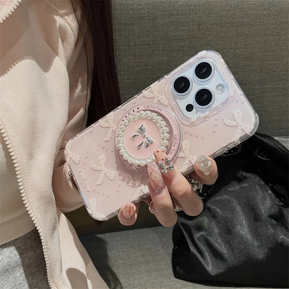 【リボンパールグリップ】ガーリ ピンクハート ケース｜iPhone対応 #250724