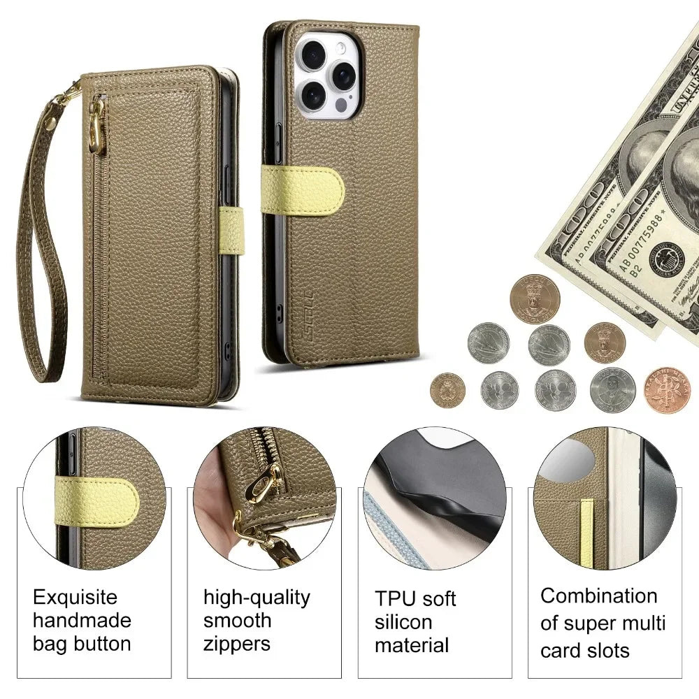 【ブックスタイル】レザー調 財布一体型 手帳型 iPhoneケース｜ファスナー収納・ミラー付き #240201