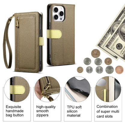 【ブックスタイル】レザー調 財布一体型 手帳型 iPhoneケース｜ファスナー収納・ミラー付き #240201