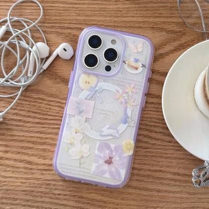 フラワーモチーフ パープル ゆり Magnet内蔵 立体グリップ付き iPhoneケース #231125
