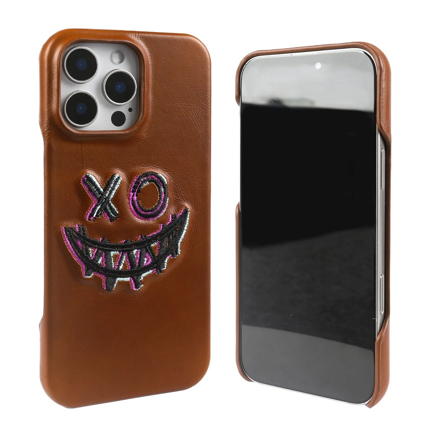 【本革シリーズ】艶あり スムースレザー スマイル ステッチケース｜iPhone対応 #240831