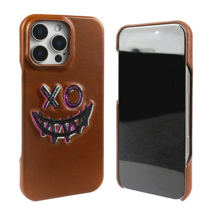 【本革シリーズ】艶あり スムースレザー スマイル ステッチケース｜iPhone対応 #240831