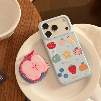 フルーツ柄 グリップ ブルー Magnet内蔵 iPhoneケース｜淡色レトロ・ナチュラル #260046