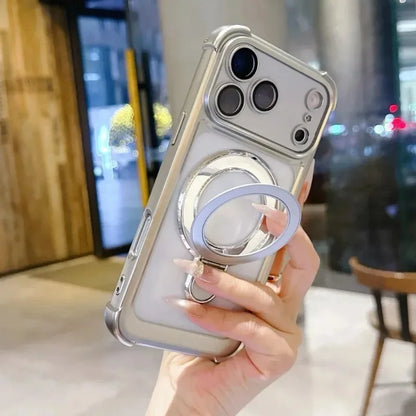 リングスタンド付き メッキフレーム バンパー Magnet内蔵 クリア iPhoneケース｜上品・シンプル #260061