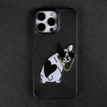 【本革シリーズ】 レザー サングラス フレンチブルドッグ 刺繍 iPhoneケース #260211