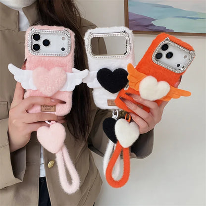 【もこもこエンジェル】ハート × 羽モチーフ ふわふわラブリーケース｜iPhone対応 #240910