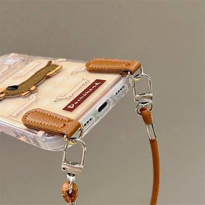 【ミニチュアダックス】刺繍ワッペン × クリアギンガムチェック レザー風 ストラップ付き スマホケース｜iPhone対応  #241221