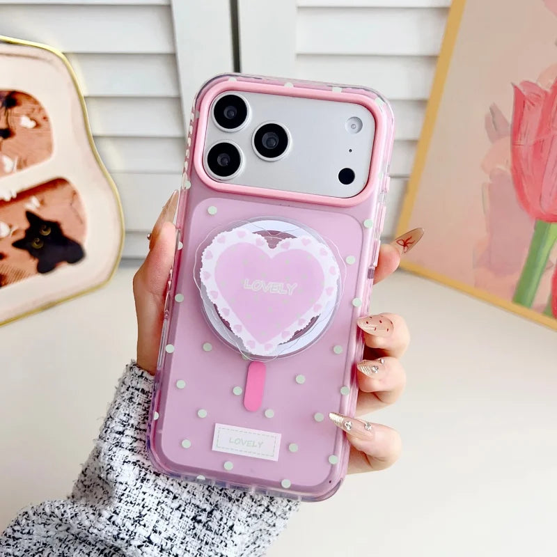 ハートグリップ ビーズストラップ付き ドット柄 韓国風 iPhoneケース #240509