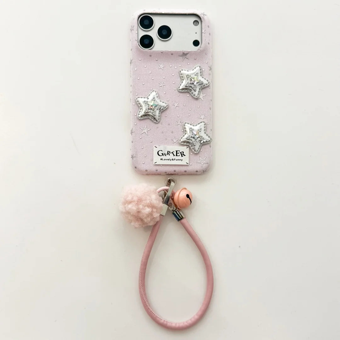 3Dシルバースター もこもこストラップ付き iPhoneケース｜星空グリッター・韓国ガーリー #260002