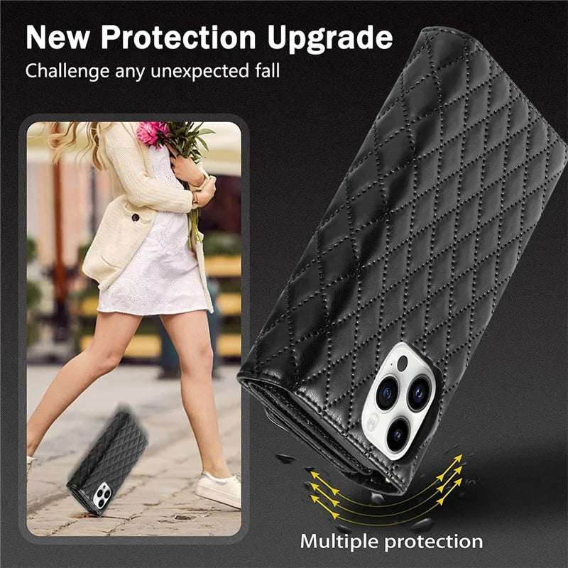 【ブックスタイル】キルティング レザー調  手帳型 iPhoneケース｜ウォレット・ストラップ付き #240125