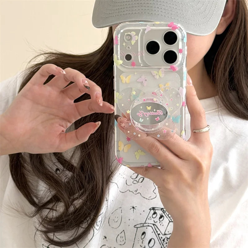 カラフルバタフライ きらめきクリア グリップ付き iPhoneケース｜淡色フェアリー #260009