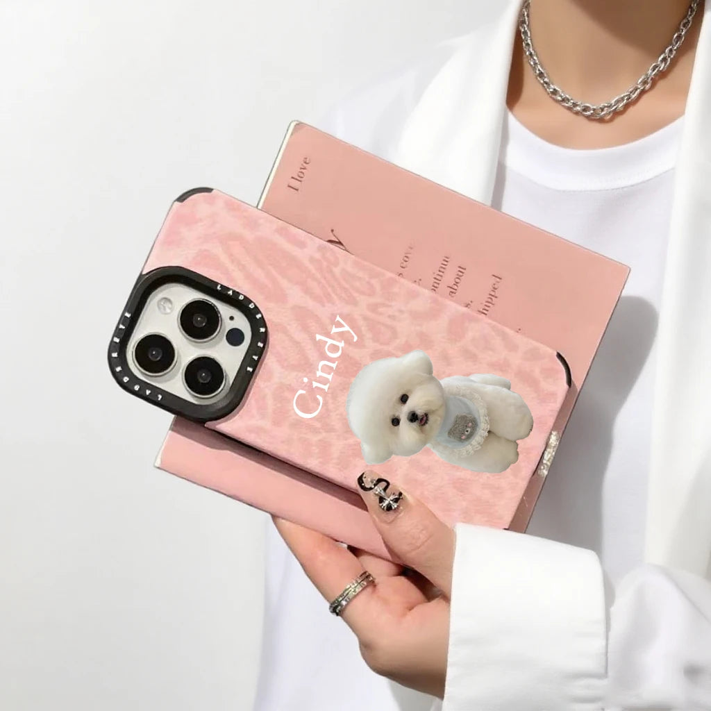 【カスタムNAMEシリーズ】ペット写真 × カスタム ネーム 印字 ピンクレオパード スマホケース｜iPhone対応 #241006