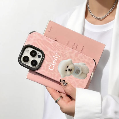 【カスタムNAMEシリーズ】ペット写真 × カスタム ネーム 印字 ピンクレオパード スマホケース｜iPhone対応 #241006