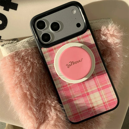 チェック柄 スタンドグリップ付き Magnet内蔵 iPhoneケース｜レトロデザイン #260003