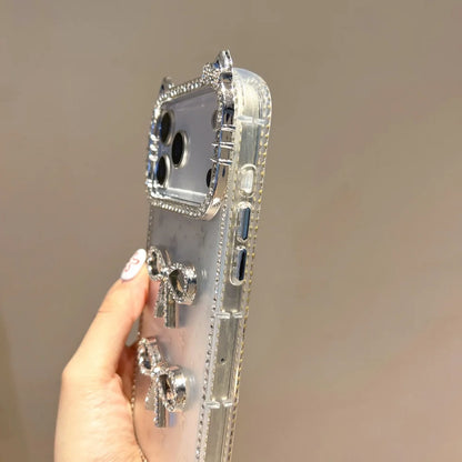 【猫耳シリーズ】ストーン付きリボン ラメデザイン キラキラスマホケース｜iPhone対応 #251203