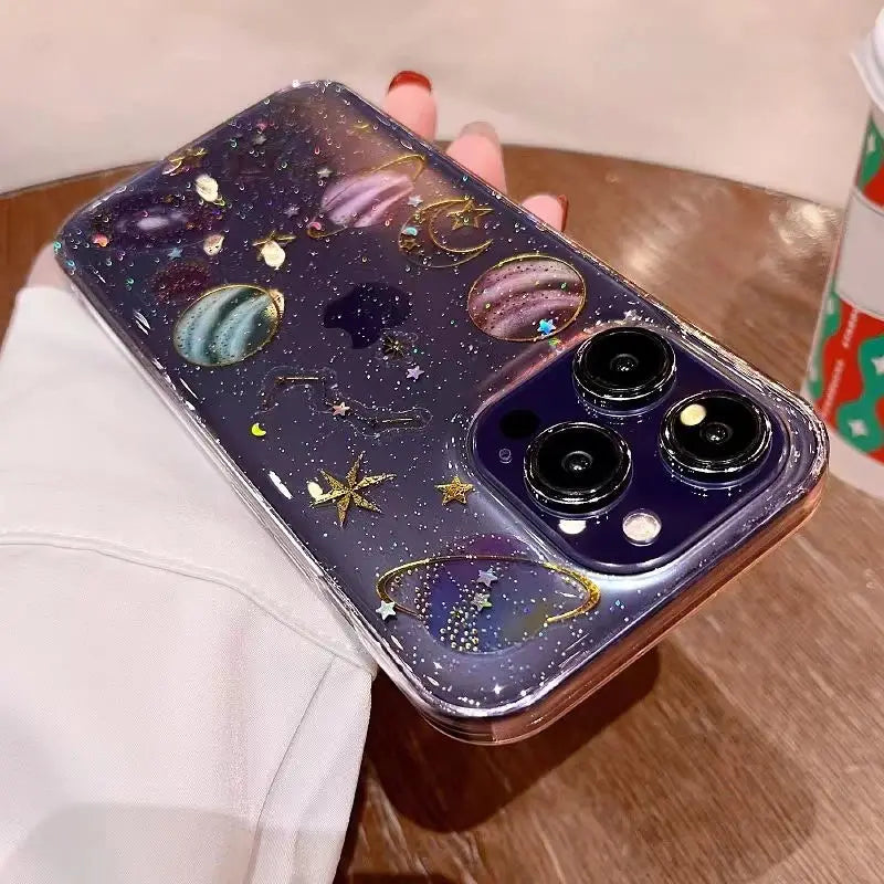 【グリッター 惑星 クリアスマホケース】星 月 ラメ｜iPhone対応 #250814