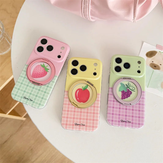 フルーツモチーフ チェック柄 グリップ付き iPhoneケース｜ポップ・ガーリー #260100