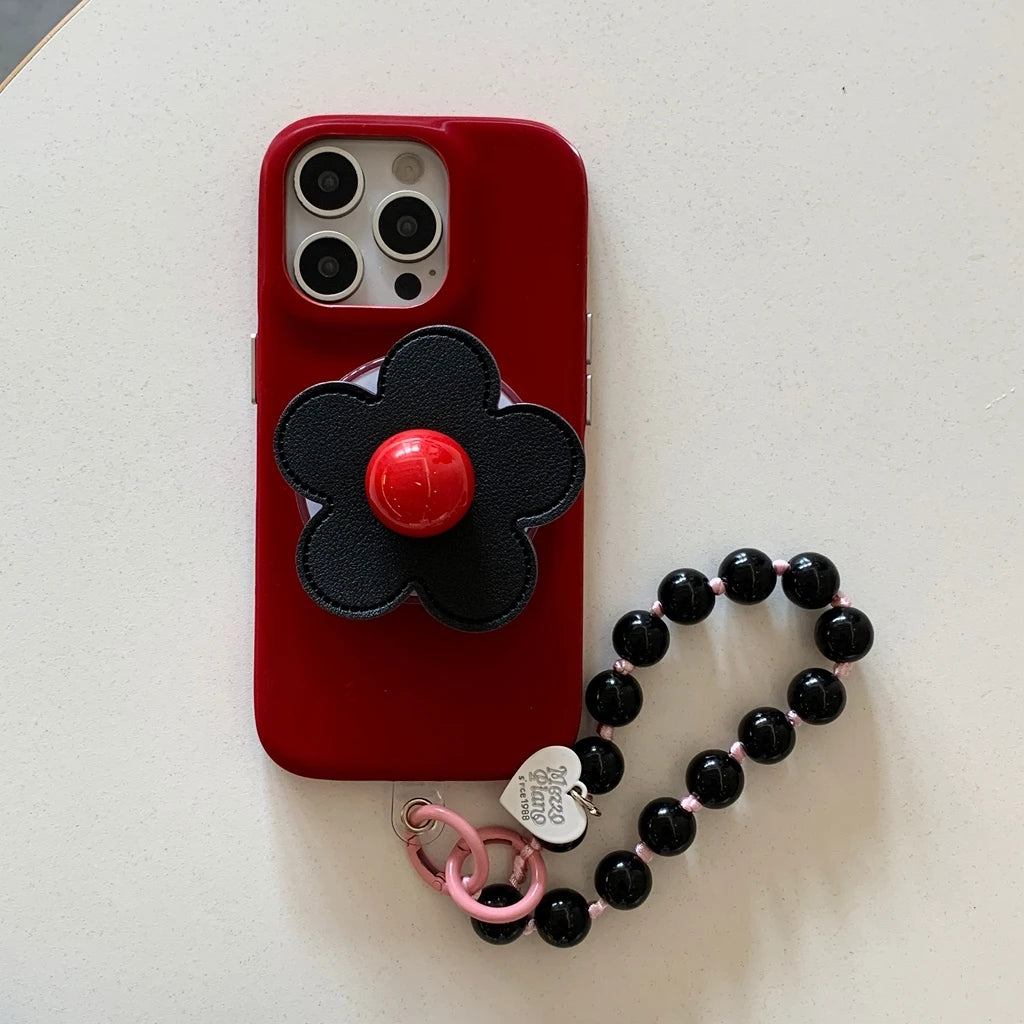 【フラワーシリーズ】立体レトロフラワー ビーズストラップ付き バイカラー スマホケース｜iPhone対応 #251001
