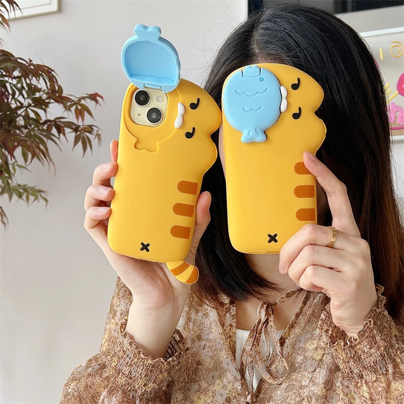 【お魚くわえたネコ】3D シリコン iPhoneケース｜カメラカバー・ゆるかわ アニマル PCA #261295
