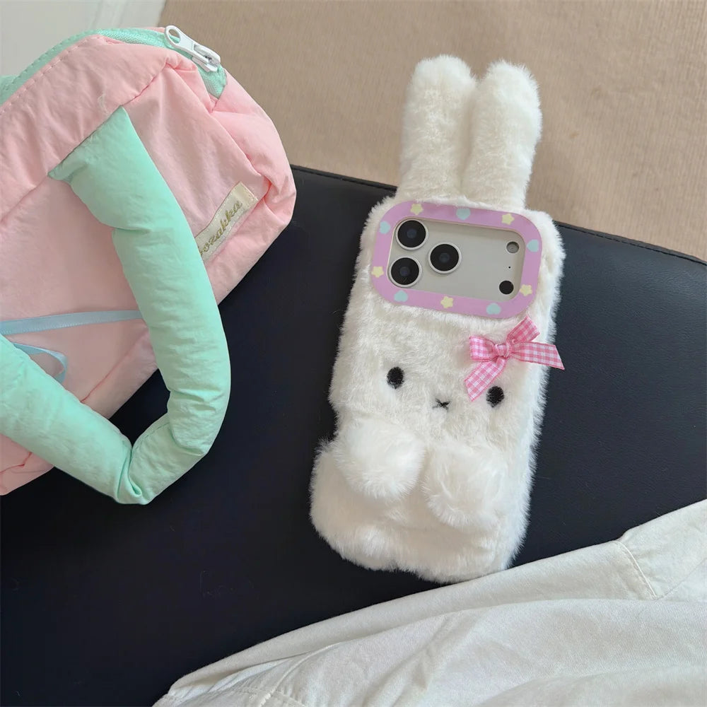 【ふわもこファーバニー】チェックリボン×ラビットファー スマホケース｜iPhone対応 #241223