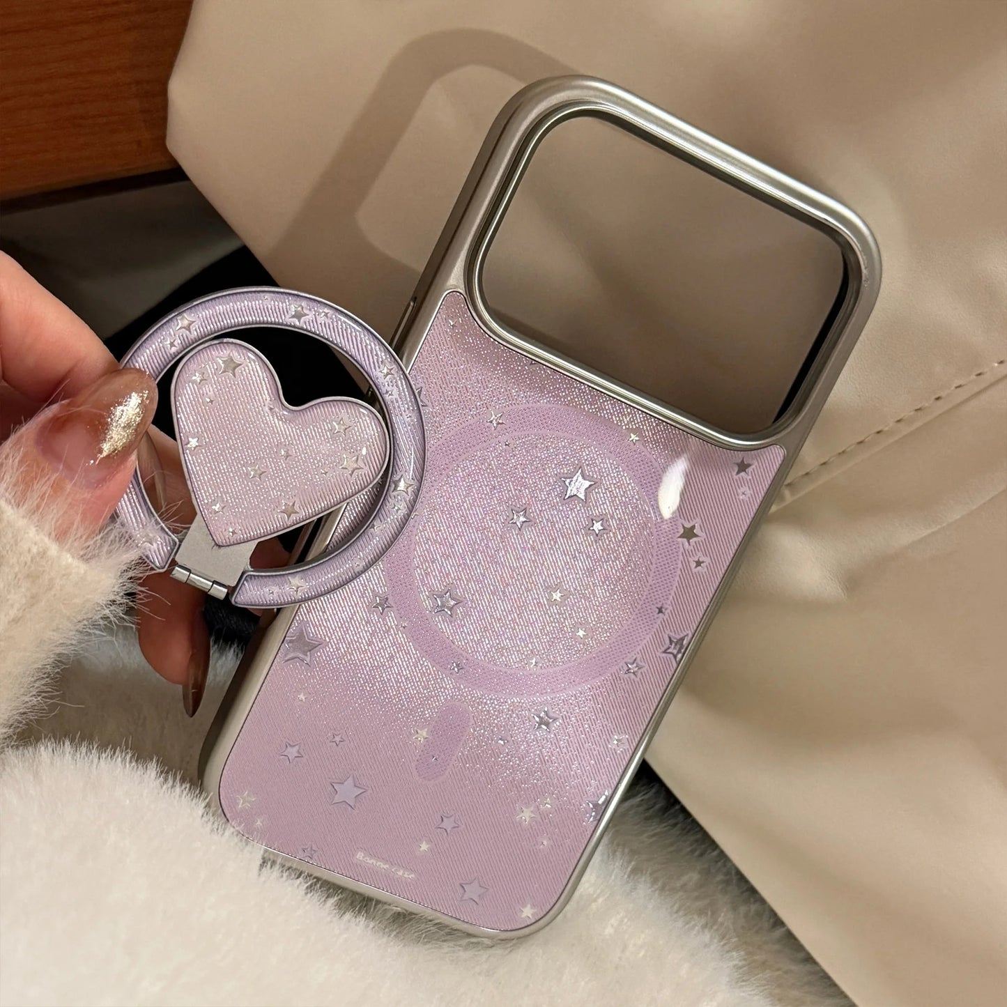 【マグネット式折りたたみハートスタンド付き】星柄 ラベンダー ハートリング付きスマホケース｜iPhone対応 #240705