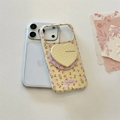 ハートグリップ イエロー花柄 Magnet内蔵 iPhoneケース｜淡色レトロ・大人かわいい #260027
