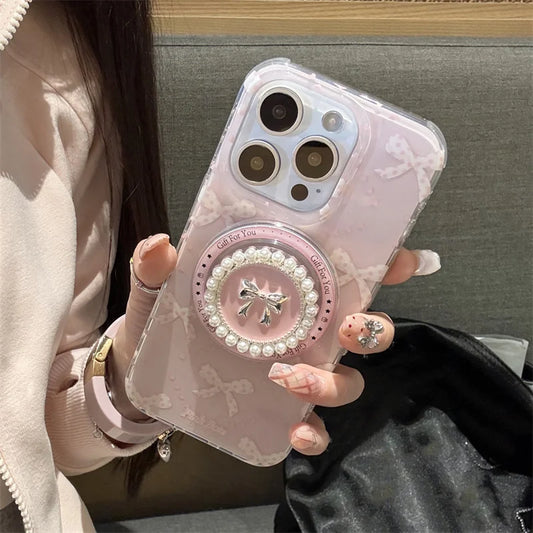 【リボンパールグリップ】ガーリ ピンクハート ケース｜iPhone対応 #250724