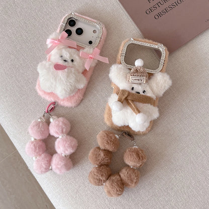 【ふわもこアニマルシリーズ】リボンベア スマホケース｜もこもこ素材 × ポンポンストラップ付き｜iPhone対応 #241205