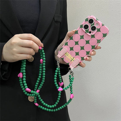 ドット ダイヤ柄 ピンク グリーン iPhoneケース｜ショルダーストラップ付き #240518