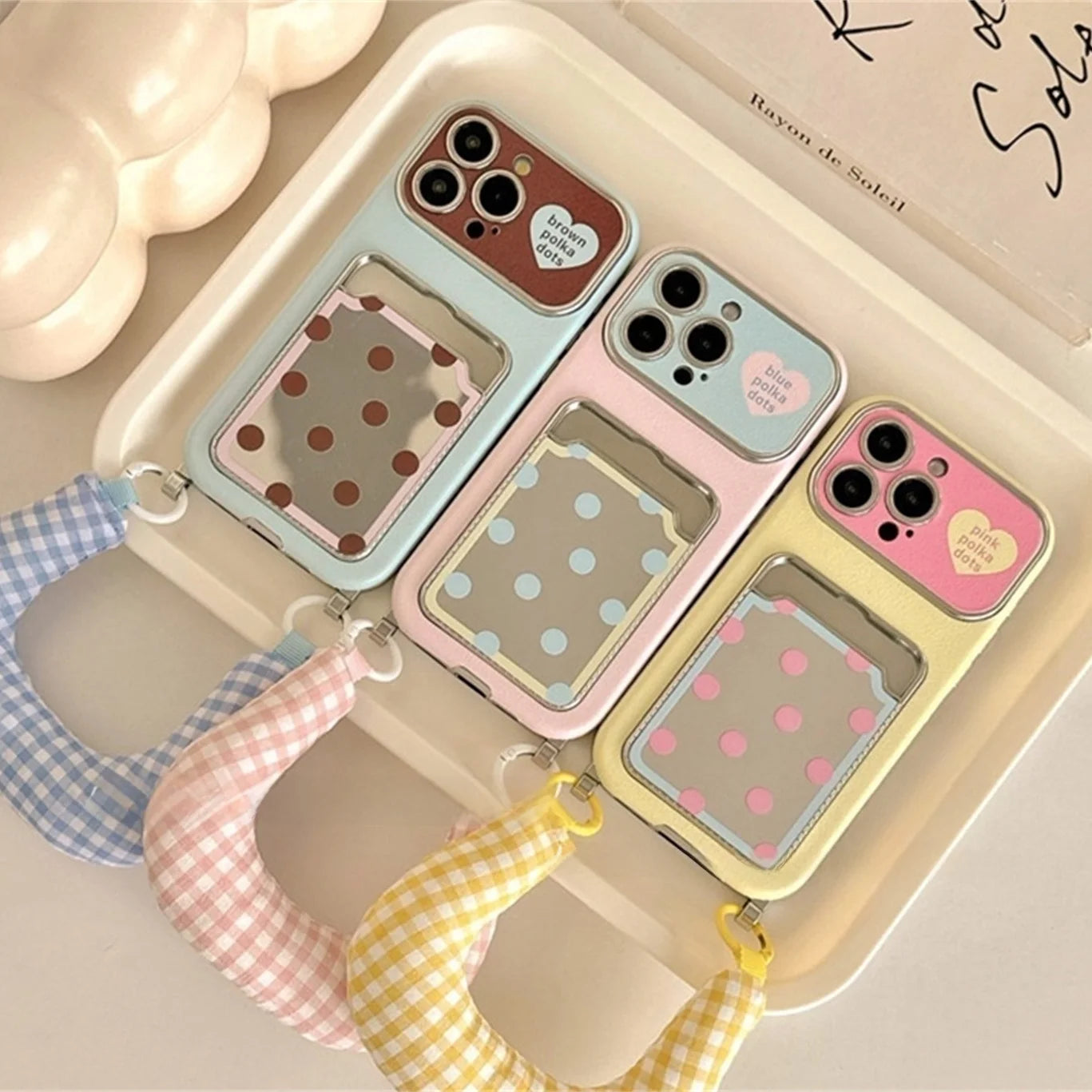 ギンガムストラップ付き ドットポケット iPhoneケース｜カード収納・ソフトTPU #240228