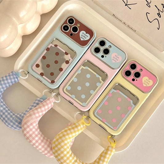 ギンガムストラップ付き ドットポケット iPhoneケース｜カード収納・ソフトTPU #240228