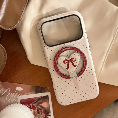 【マグネット式折りたたみハートスタンド付き】レッド プチドット柄 リボンハート スマホケース｜iPhone対応 #240701