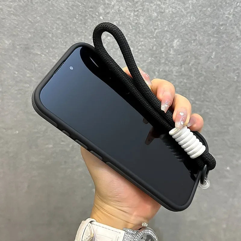ネオンアクセント iPhoneケース｜ストラップ付き・マットブラック・スポーティデザイン #240411