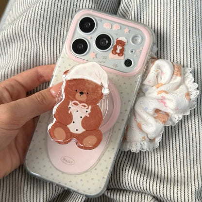 かわいいくまグリップ 星柄 クリア Magnet内蔵 iPhoneケース｜ドット柄 #260026