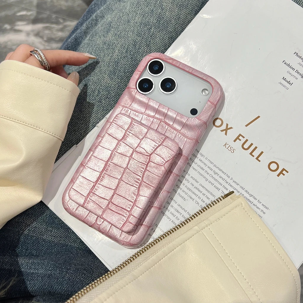 クロコ型押し レザー調 コンパクトミラー付き iPhone スマホケース #260530