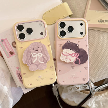 ホルダー付き iPhoneケースアニマル＆リボン柄 淡色ガーリー・韓国風・キュート #261089