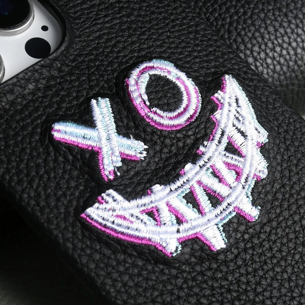 【本革シリーズ】艶なし シボ革 スマイル ステッチ レザーケース｜iPhone対応 #240901