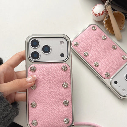 【ローズスタッズ】シルバーフレーム ピンク レザー風 ストラップ付き ケース｜iPhone対応 #240924