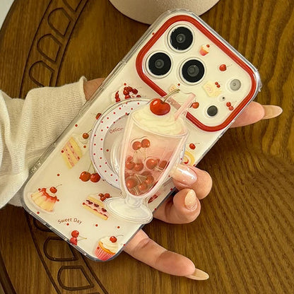 チェリーサンデー パフェ Magnet内蔵 グリップ付き クリア iPhoneケース #240119