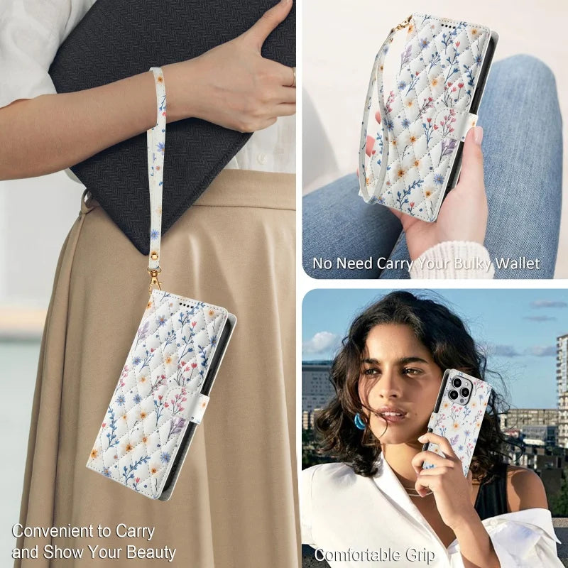 【ブックスタイル】花柄 フラワーキルティング ストラップ付き 手帳型 iPhoneケース｜カード収納 ショルダー対応 #240110