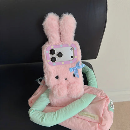 【ふわもこファーバニー】チェックリボン×ラビットファー スマホケース｜iPhone対応 #241223