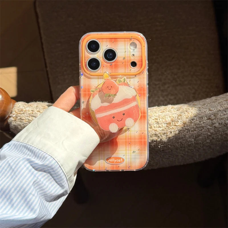 【Magnet内蔵】クリームケーキ オレンジ ギンガムチェック スマホケース｜ゆるかわポップソケット｜iPhone対応 #241203