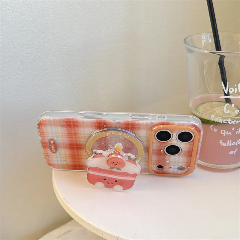 【Magnet内蔵】クリームケーキ オレンジ ギンガムチェック スマホケース｜ゆるかわポップソケット｜iPhone対応 #241203