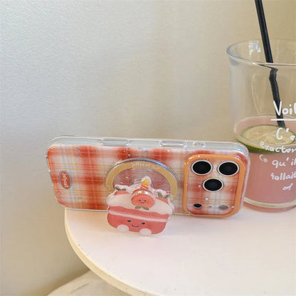 【Magnet内蔵】クリームケーキ オレンジ ギンガムチェック スマホケース｜ゆるかわポップソケット｜iPhone対応 #241203